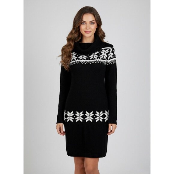 Black & White Fair Isle Cowl Neck Mini Sweater Dress | Nordic Cottagecore Cozy M - Picture 1 of 16